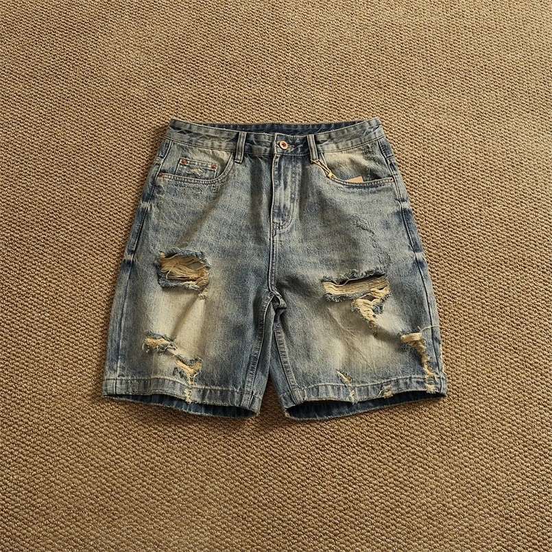 American high street ripped denim shorts mens retro distressed loose straight summer versatile five-quarter pants 260525BJ