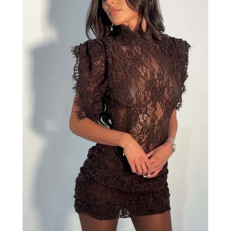 Fashion Lace Dress Fashion Retro Half High Collar Sleeveless Slim Wrap Hips Mini Dress Womens Sexy Party Dress Female Clothing 260611BJ