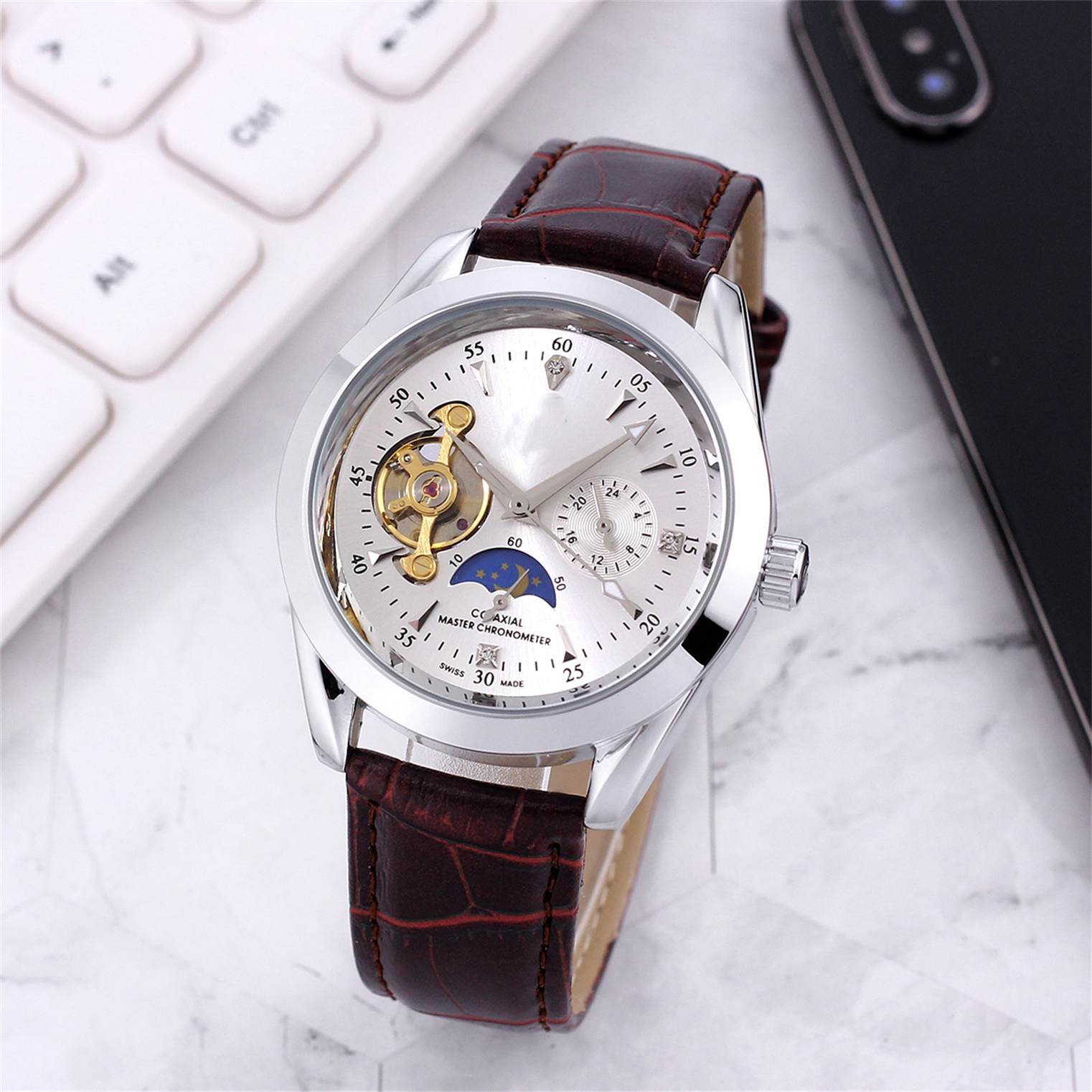Elegant De Ville Style Moonphase Automatic Mens Wristwatch High-Quality Diving Motif Chronograph Model oeg