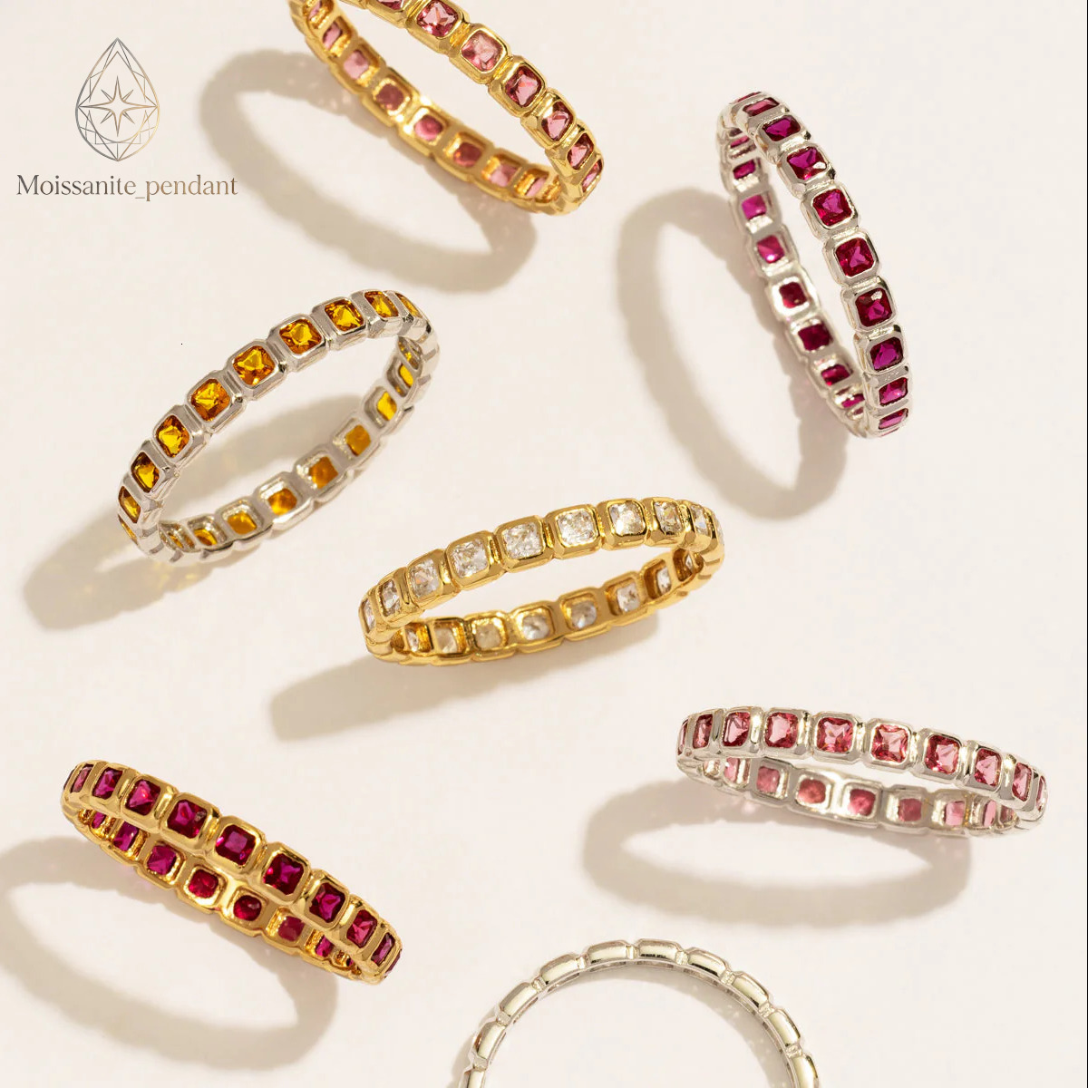 Classic Asscher Cut Colorful Moissanite Moissanite Birthstone Eternity Ring 925 Sterling Silver 14K 18K Gold Plated Womens Wedding