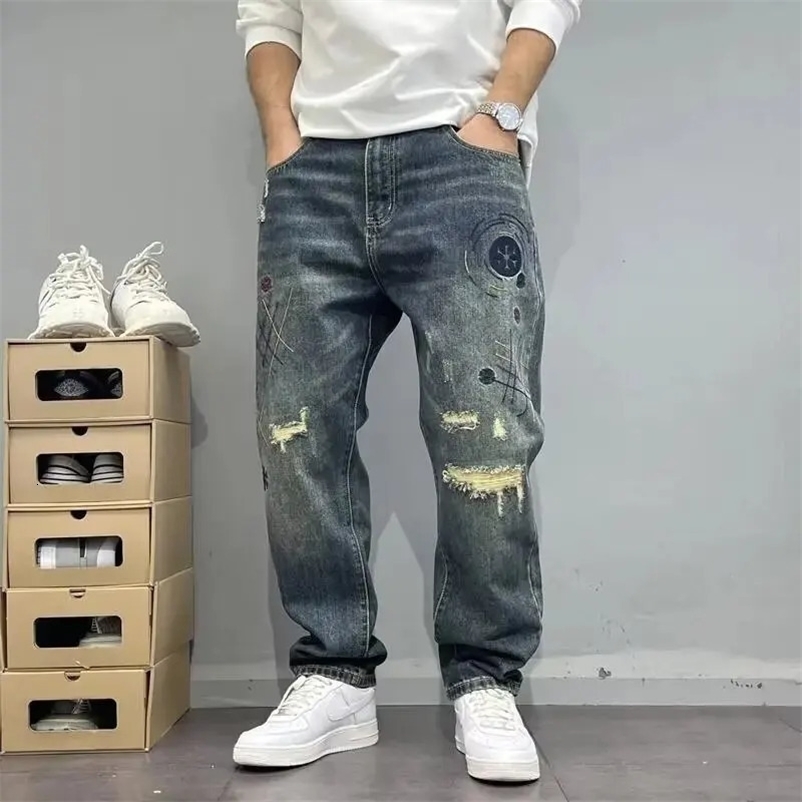 Four Seasons Fashion Mens American High Street Hole Patched Loose Wide Leg Jeans Pants Vintage Washed Denim Trousers Male 260612BJ
