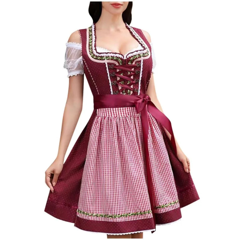 Beer Festival Dirndl Dress Oktoberfest Maid Costume Sexy Off Shoulder Short Sleeve Square Collar Plaid Patchwork Vestido 260731