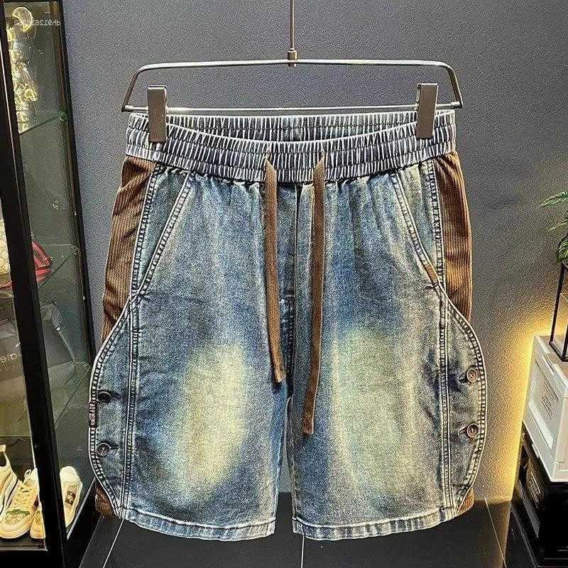 Shorts Men's American Heavyweight Patchwork Denim For Men Fashion Side Button Splicing Design Jeans Summer Elastic Waist Loose D260804C10T