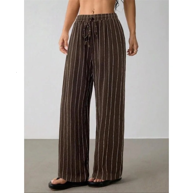 Plus Size 1XL-5XL Womens Retro Striped Loose Wide Leg Casual Pants High Waist Slimming Long Trousers 260509BJ