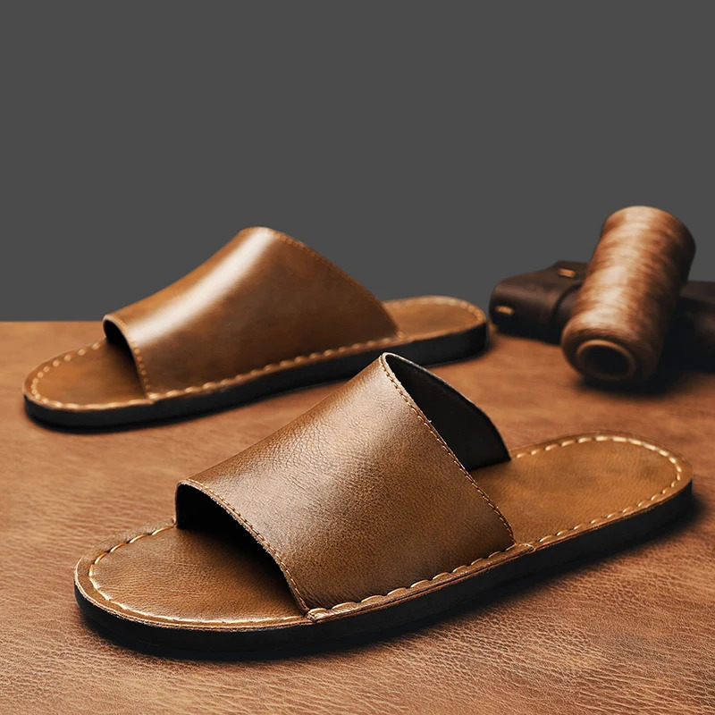 Fashion Men Slippers Summer Anti slip Beach Genuine Leather Sandals Handmade Casual Shoes Comfortable Flip Flops Plus Size 260731