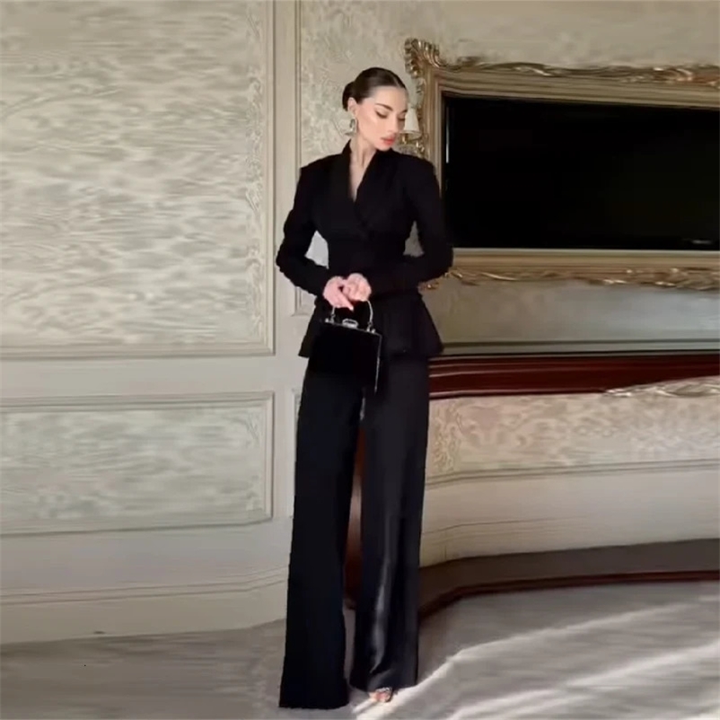Womens Elegant Beaded Embroidered Blazer Suit Slim Fit Wide Shoulder Top Solid Casual Wide-leg Pants Cozy Two-piece Sets 260430BJ