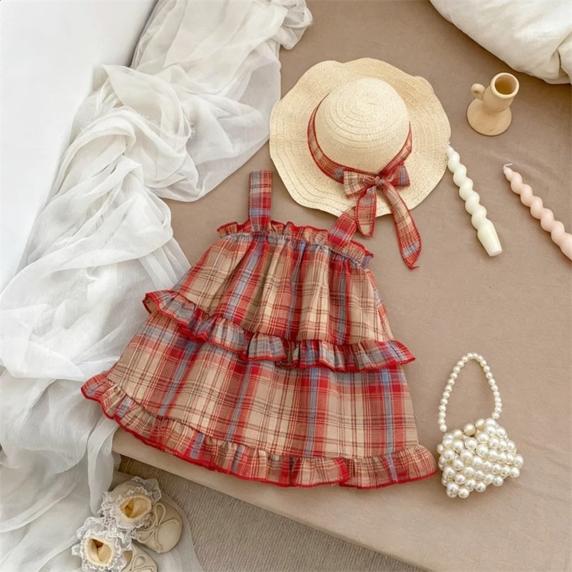 Girls Dresses Summer Checkered Cotton Spaghetti Strap Baby Girl Dress Cute Beach Baby Dresses Baby Girl Clothing 260529BJ