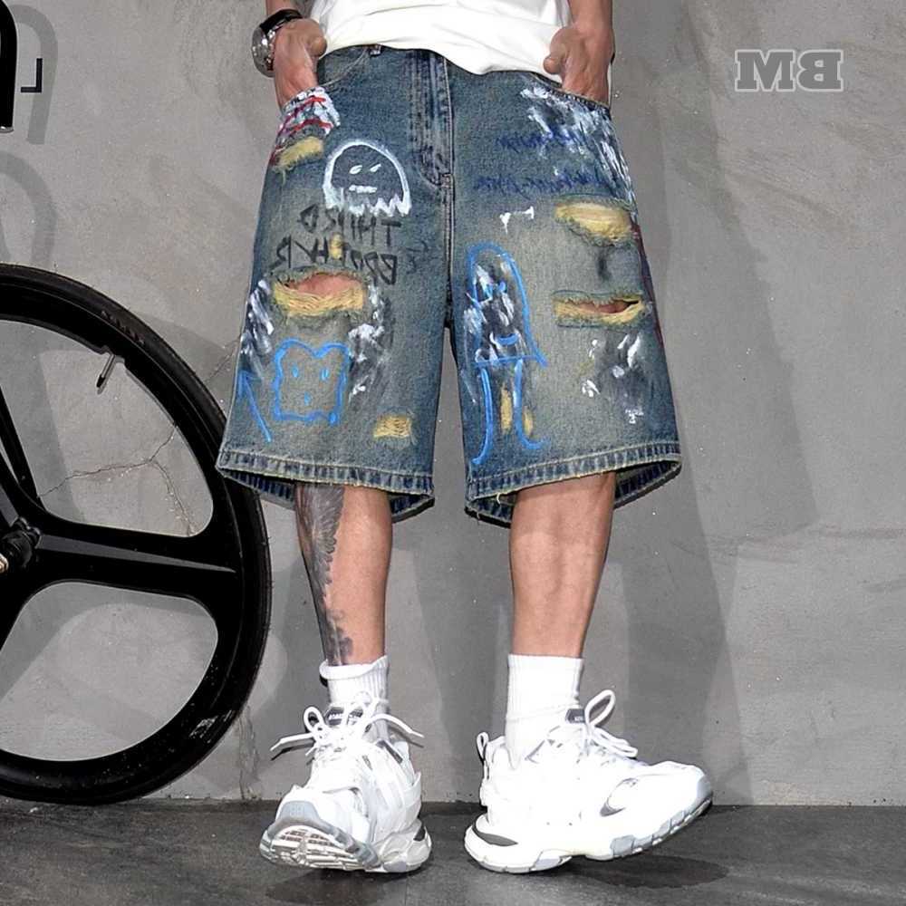 Summer Mens Ripped Distressed Denim Shorts 5 Inch Korean Style Streetwear Hip Hop Graffiti Skate Trendy Mid Blue jorts Male D260804YO1X