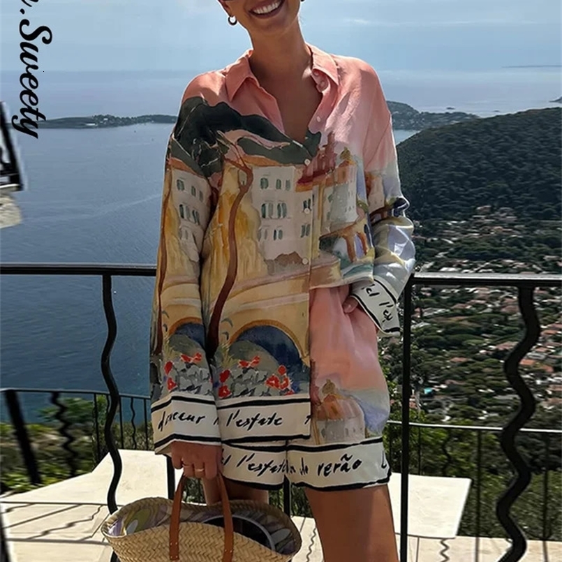 Casual Womens Flower Printed Short Suits Long Sleeve Turn-Down Collar Loose Lady Sets Spring Summer Fashion 2 Pieces Set 260618BJ