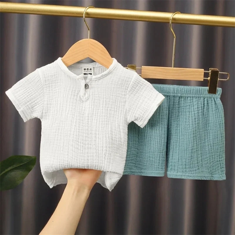 0-5Y Baby Summer Sets Solid Cotton Linen T-shirtsElasctic Shorts Kids Clothes Casual Clothing Sets for Children Outfit Set 260601BJ