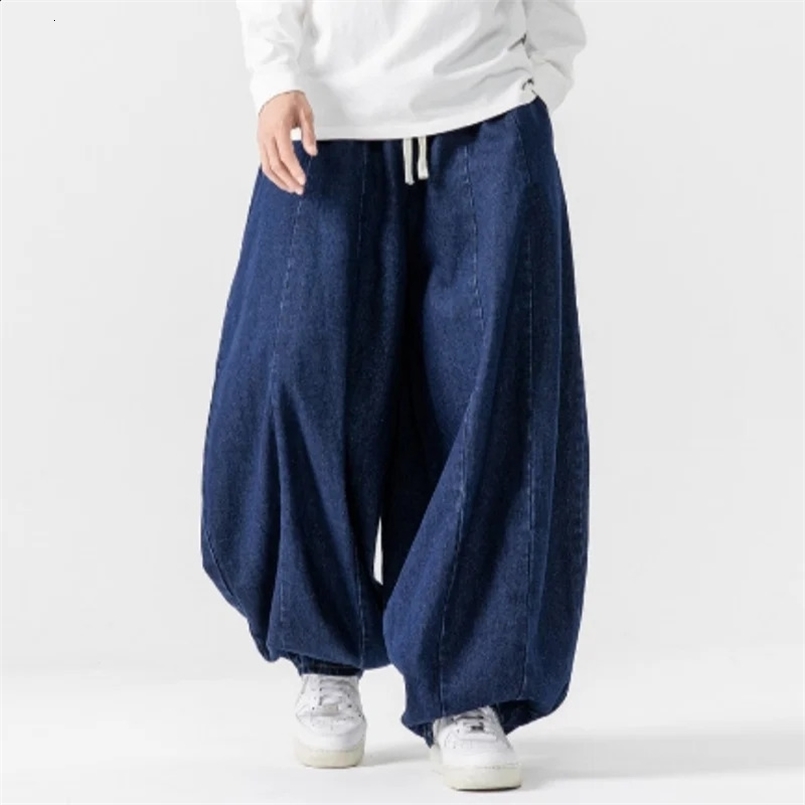 retro loose harem pants mens hip-hop denim wide leg pants mens solid color straight leg pants jeans elastic waist pants me 260516BJ