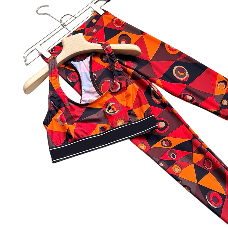 Color Blocked Yoga Vest Elastic Tight Pants Set For Women Designer Printed Crop Tank Tops Leggings Yoga Outfit Luxury Y2k Gym Pilates Tracksuit