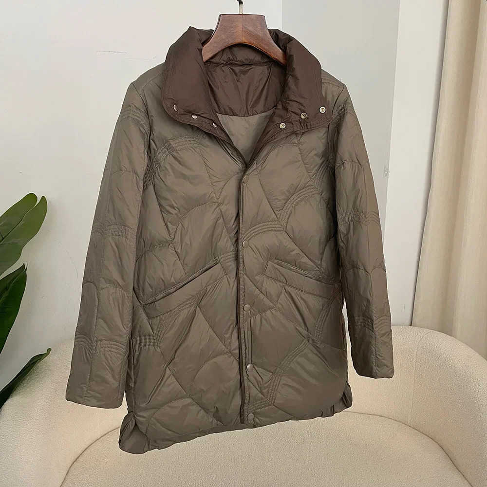 Winter Autumn Down Jacket Women Classic MidLength Warm Style Loose 90 White Duck Down Jacket Stand Collar Coat S260804RQ8P