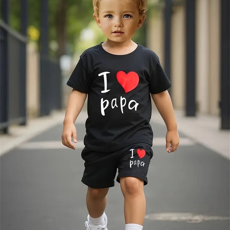 Baby boy round neck I LOVE Papa letter pattern topcasual shorts set for spring and summer outdoor 2-piece set 260529BJ