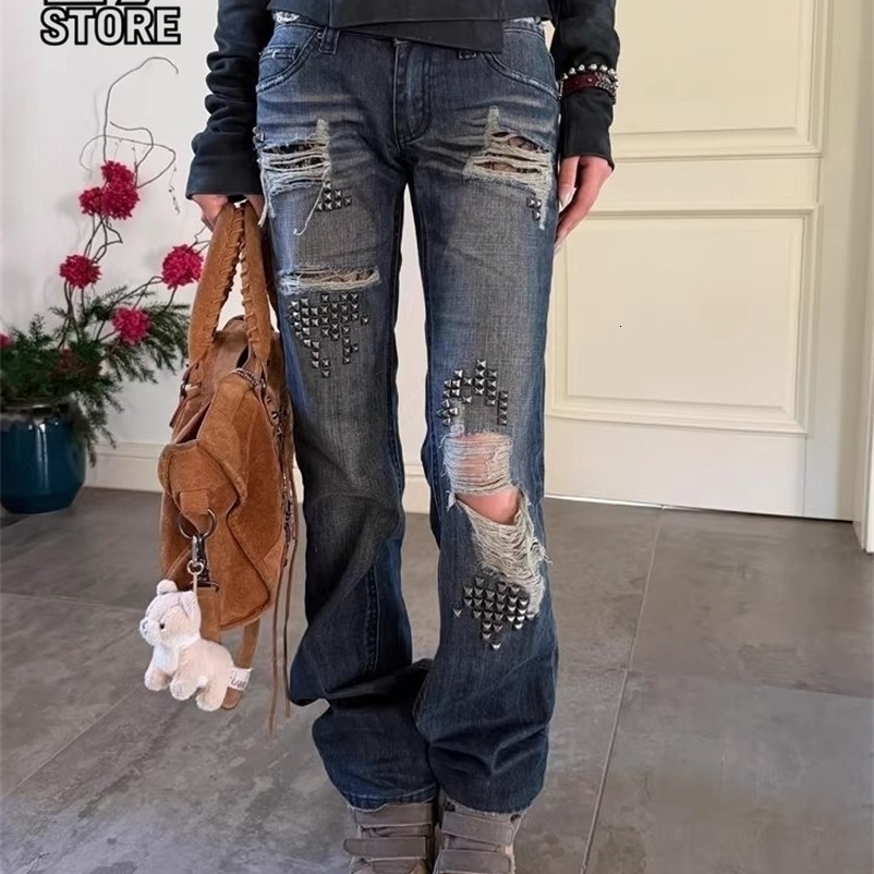 Mens Jeans Vintage Y2K Studded Patchwork Distressed Denim Rivet splicing Pants Harajuku Unisex Loose Length Streetwear 260612BJ