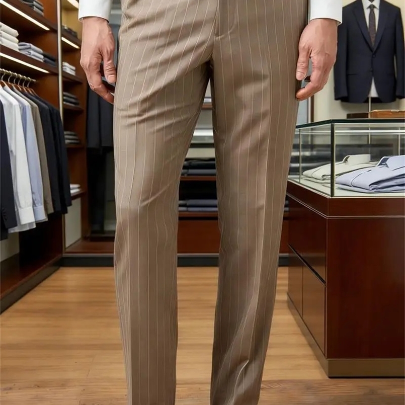 HauteCouture Gray Striped Mens Suit Pants Slim Fit Business Formal suit Casual Suit Pant Grooms Dress Pants Office Banquet 260516BJ