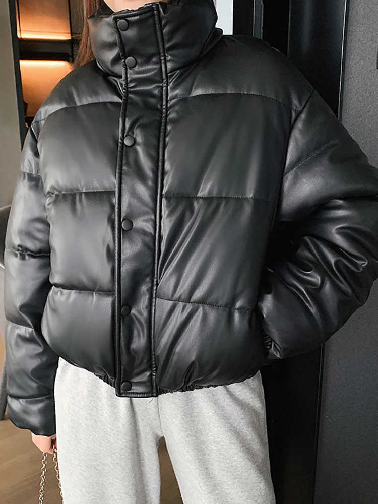 Warm Winter Thick Leather Coats Women Short Black Cotton Padded Lady Down Jacket Elegant Zipper Clothes S260804VKXH