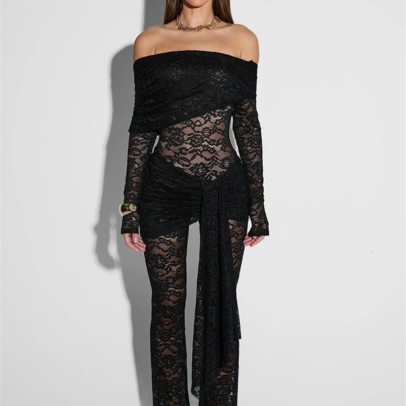Fantoye Sexy Off Shoulder See Through Lace Women Jumpsuit Black Long Sleeve Bandage Romper Spring Skinny Elegant Party Clubwear 260612BJ