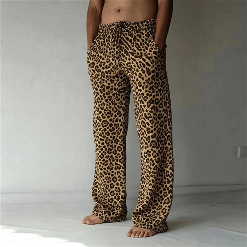 Mens Classic Leopard Print Drawstring Wide Leg Pants Retro Casual Straight Pants for Spring Summer 260615BJ