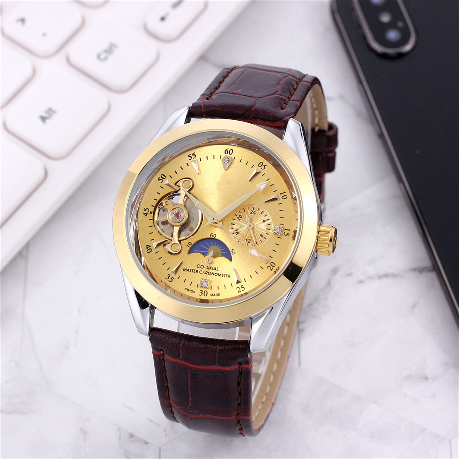 Elegant De Ville Style Moonphase Automatic Mens Wristwatch High-Quality Diving Motif Chronograph Model oeg#335