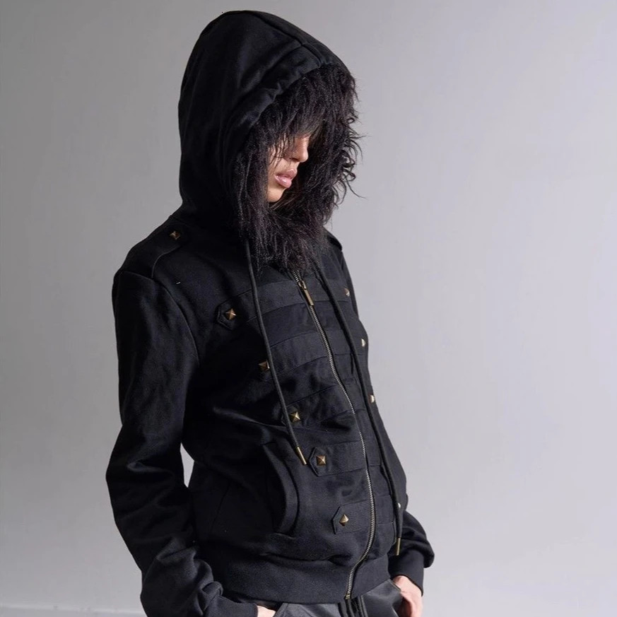 Y2K Vintage Fur Collar Black Zip Up Hoodie Men Women Harajuku Punk Studded Slim Fit Jacket Gothic Autumn Winter Sweatshirt Coat 260731