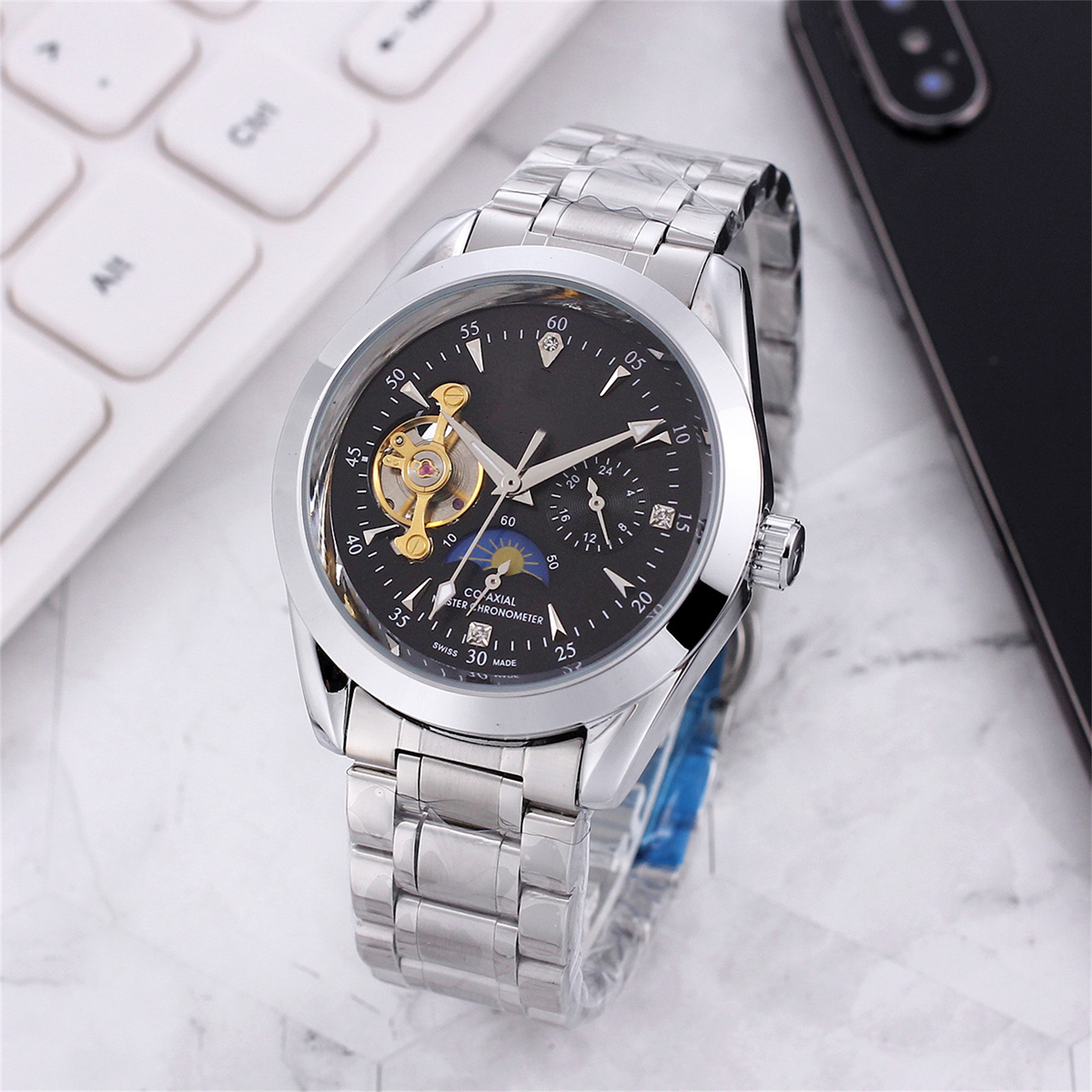 Elegant De Ville Style Moonphase Automatic Mens Wristwatch High-Quality Diving Motif Chronograph Model#363