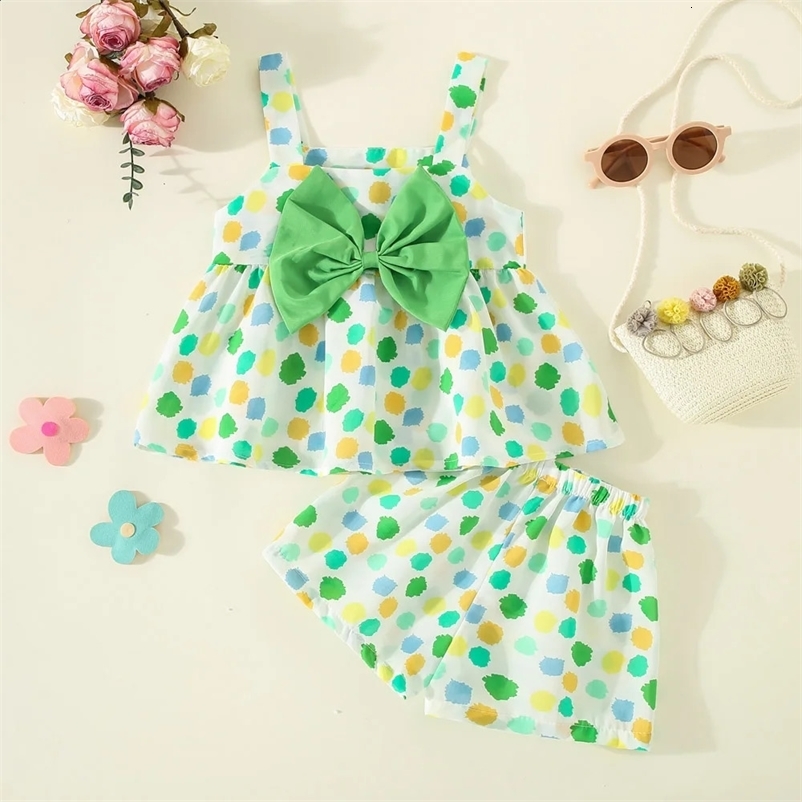 Baby Girls Two-Piece Set Casual Set Summer Baby Girl Dot Printed Large Bow Strap Top Same Printed Shorts 2/Piece Set 260529BJ