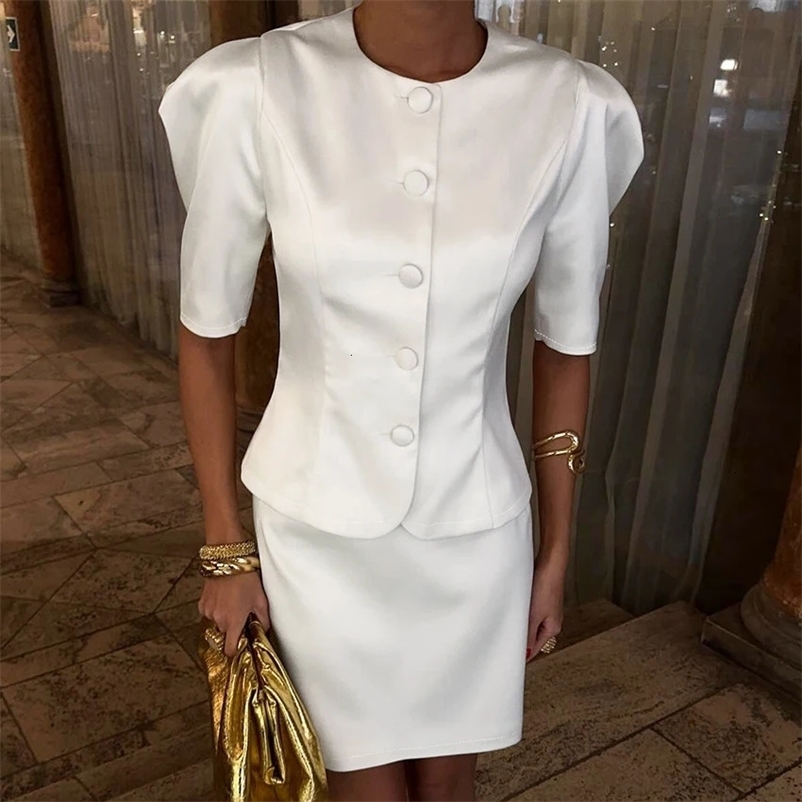 Linad Office Lady Satin White Mini Skirts Outfits Elegant Puff Sleeve O Neck Blouse And High Waist A Line Skirt 2 Piece Set 260514BJ