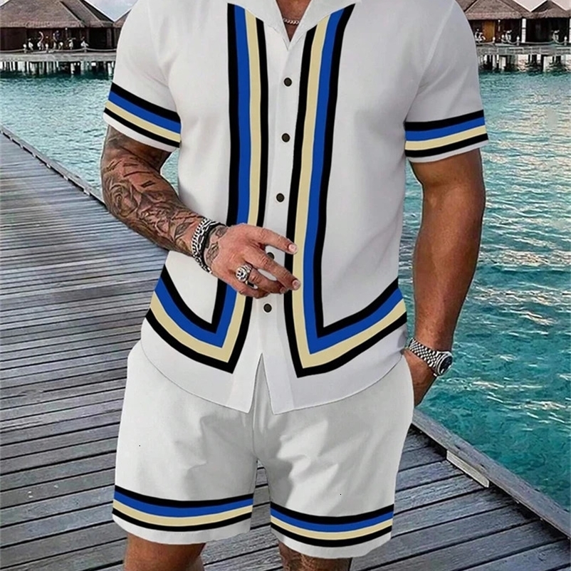 Mens Beach Wear 2-Piece Quick Drying Hawaiian Shirt and Shorts Set Summer Mens Fashion Striped Print Casual Wear 260622BJ