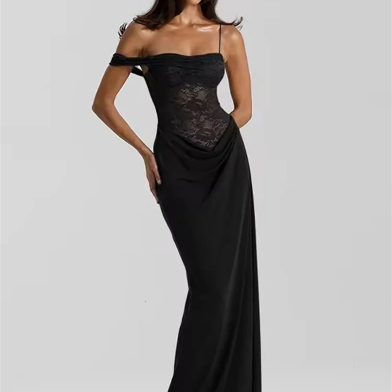 ZRTAK Sexy Maxi Dress Women One Shoulder Lace See Through Dress Fashion Off-shoulder Sleeveless Backless Club Long Dresses 260611BJ