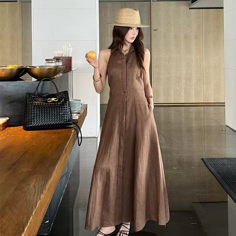 Designer Women Linen Safari Outfit Collection, Lapel Cargo Jacket, Sleeveless Vest, Maxi Dress & Wide Leg Pants, Vintage Khaki Multi Pocket Casual W