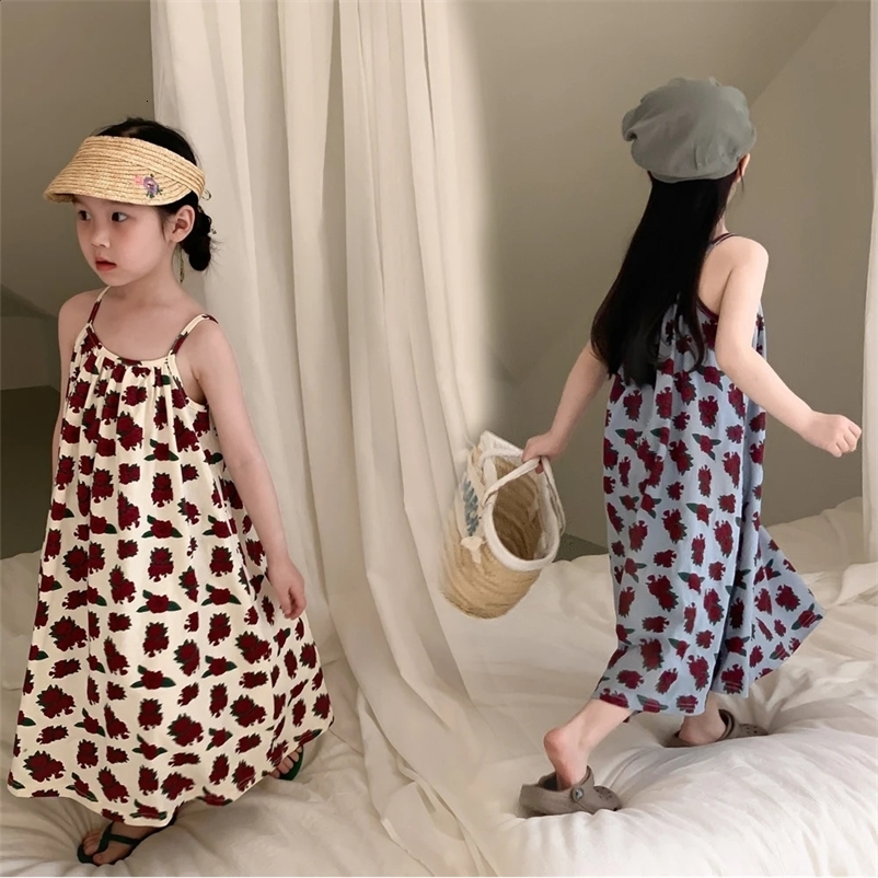 Sleeveless Beach Dress summer girls Korean version suspender long dress printed rose Loose dress For 2-9 yrs Baby Girls 260529BJ