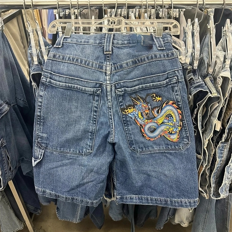 2000s Style Chinese Loong Hip Hop Denim Shorts Summer Baggy Jeans Gothic Jorts Y2k Retro Blue Men Wide Leg Cargo Gym Shorts 260612BJ