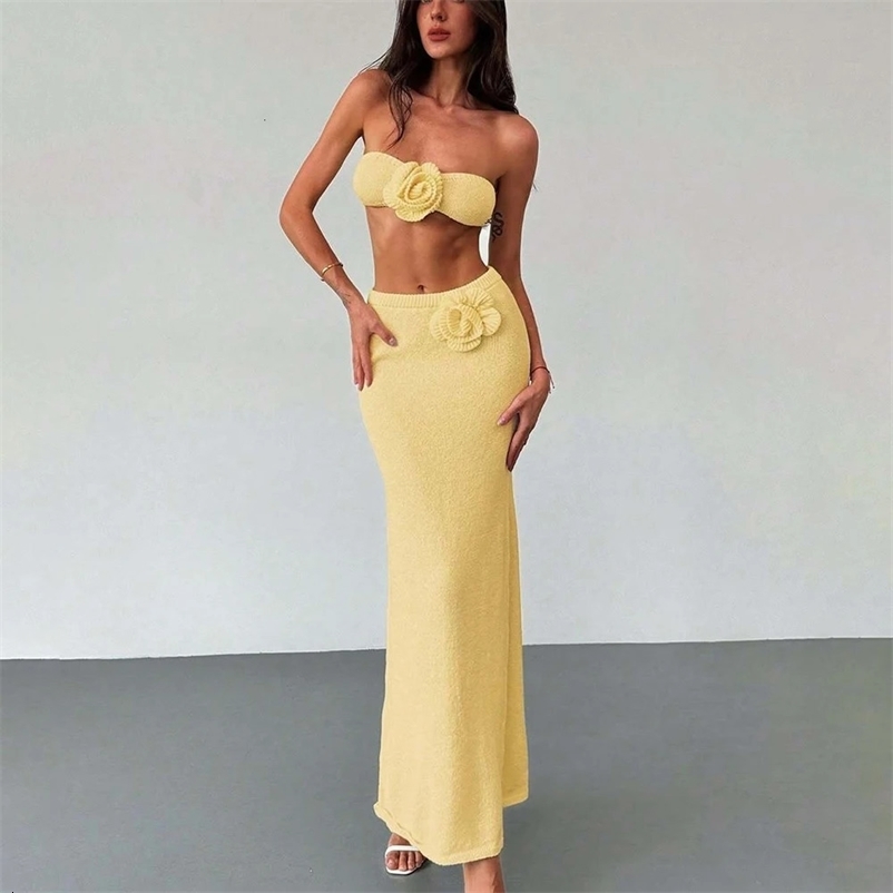 Tuularose One Neck Knit Skirt Two Piece Floral Sexy Beach Vacation Sleeveless Backless Sheath Solid Color Womens Skirt Set 260514BJ