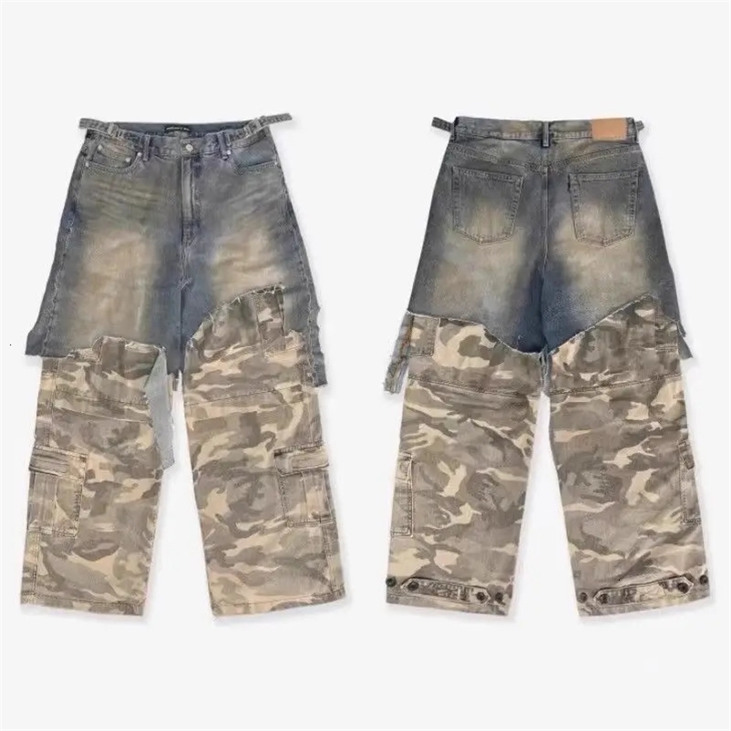Y2K Streetwear Heavy Industry Camouflage Denim Spliced Old Cargo Jeans American Retro High Arcade Function Loose Wide Leg Jean 260612BJ