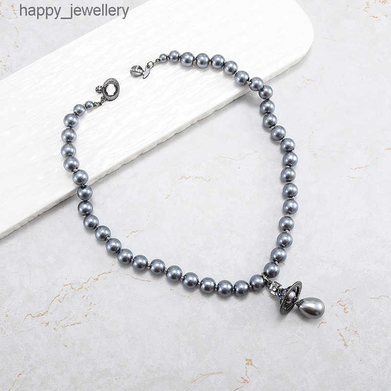 Single-layer gray pearl necklace with three-dimensional Saturn UFO and water drop pendants high-end light luxury collarbone chain for women T260804G
