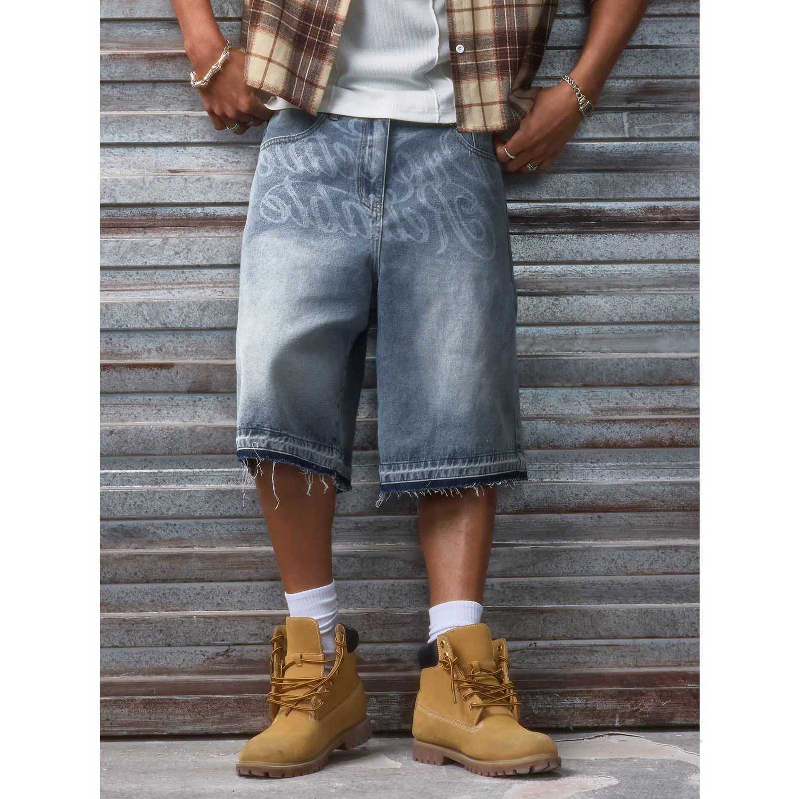 Non-Stretch Mens Denim Shorts Summer Laser Burn Letter Print Streetwear Loose Fit Raw Hem Five-Point Mid Jeans Shorts D2608048DA3