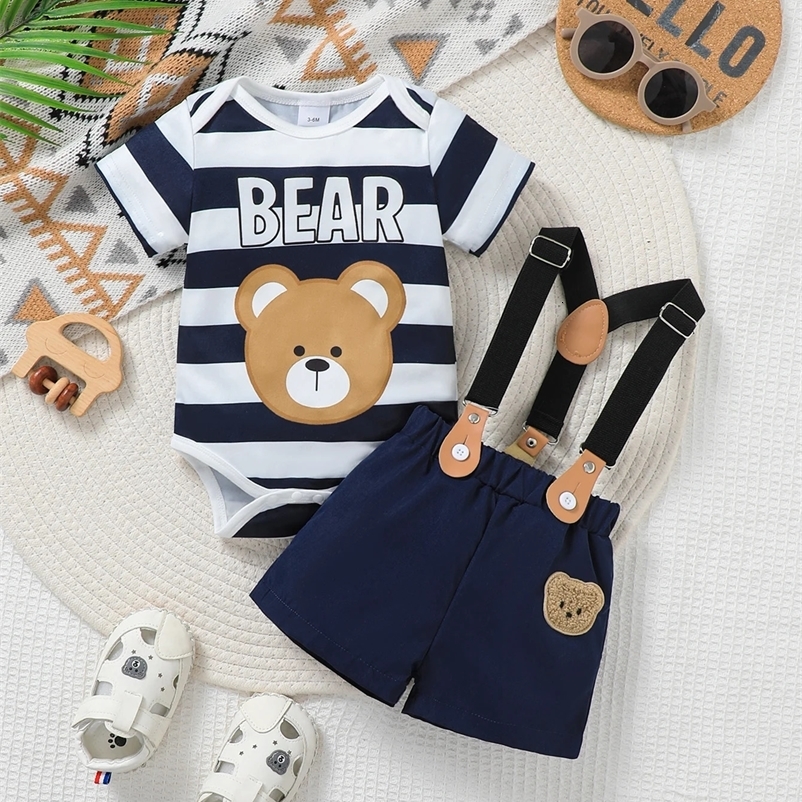 Baby Boy Spring Summer Outfit Set Cute Cartoon Letter Bear Print Striped Short Sleeve Onesie with Bear Decorated Overalls Shorts 260602BJ
