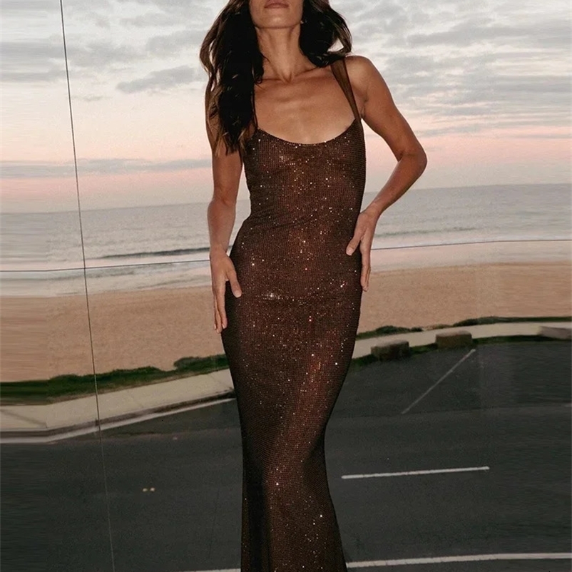 Sexy Square Collar Mesh Patchwork Diamonds Long Dress Women Backless Shiny Rhinestone Slim Dresses Evening Party Cocktail Gowns 260514BJ
