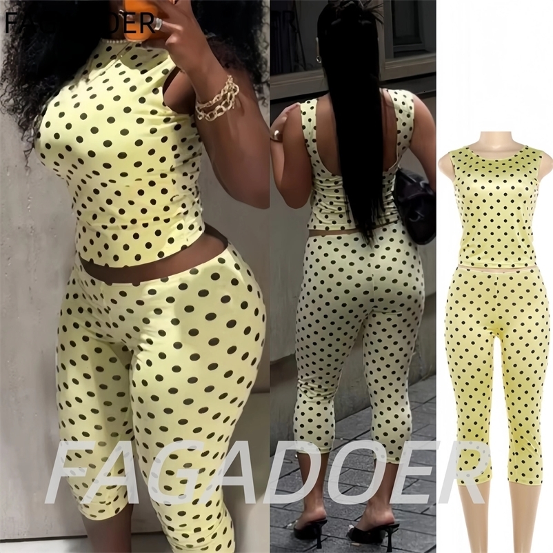 FAGADOER Yellow Weet Polka Dot Bodycon 2 Pcs Sets Women Print Backless Crop Top Pants Outfits Street Party Club Suits 260622BJ