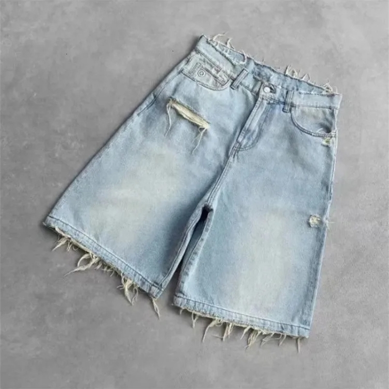 HOUZHOU Washed Ripped Short Jeans Women and Man Hole Embroidery Wide Leg American Retro Jorts Baggy Casual Streetwear Summer 260612BJ