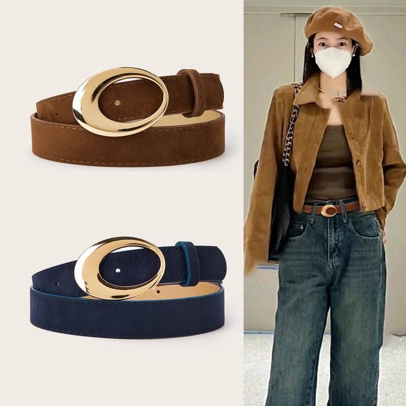 Simple Fashion Oval Golden Buckle Suede Leather 2.8cm Width Women Belt For Jeans Luxury Designer Dress Coat Brown Waistband J260804