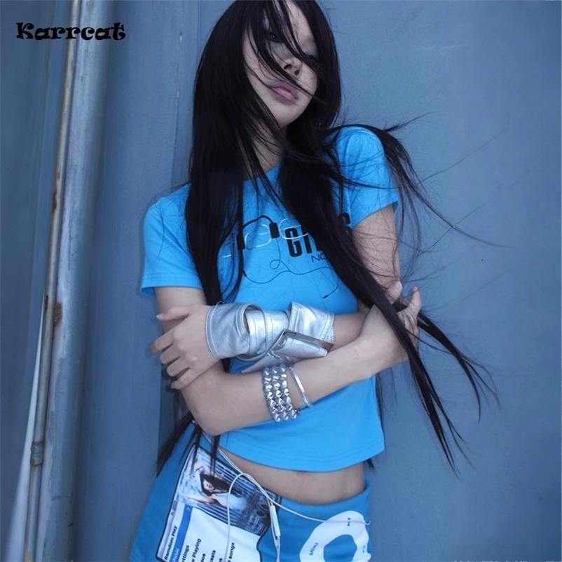 Karrcat Trashy Y2k Letter Print T-shirt Grunge Aesthetics Short Sleeve Crop Tops Vintage 2000s Style Streetwear American Retro 260615BJ