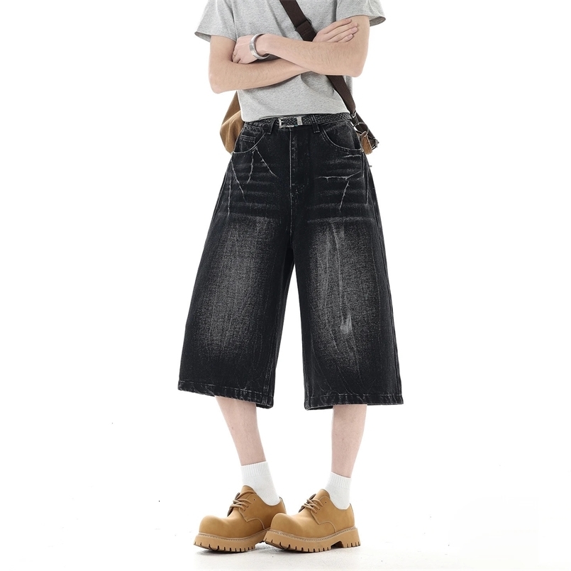 Loose Short Jeans Mens Summer Black Baggy Wide Leg Calf Length Classic Washed Denim Pants Fashion Y2K Shorts Streetwear 260525BJ