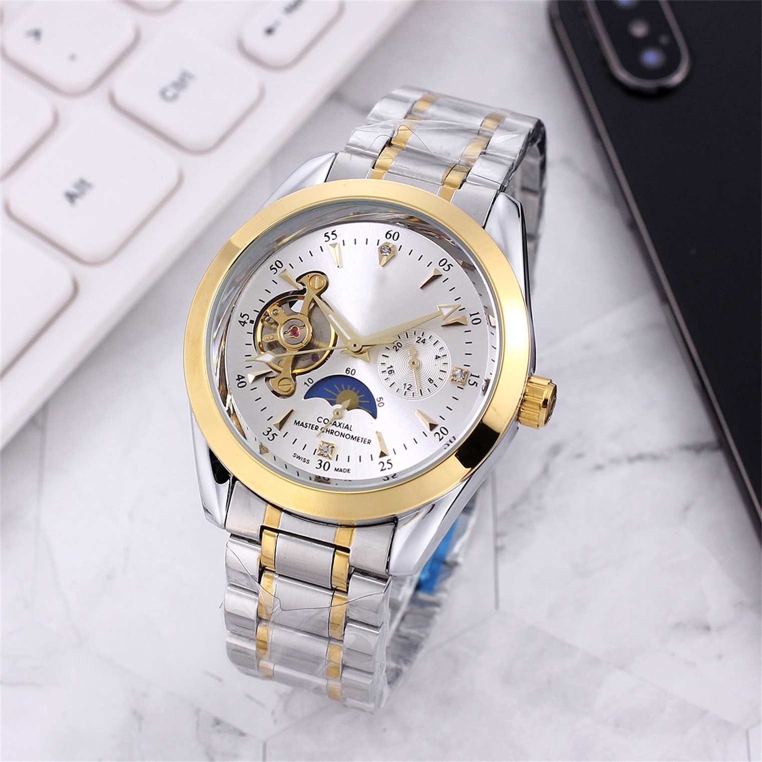 Elegant De Ville Style Moonphase Automatic Mens Wristwatch High-Quality Diving Motif Chronograph Model oeg#336