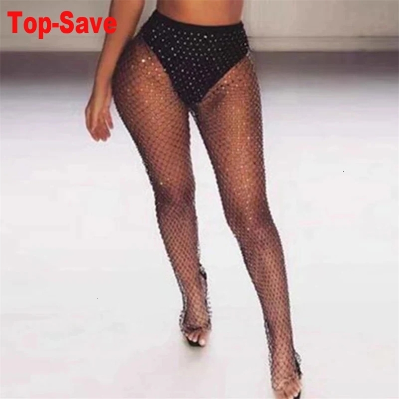 Sexy Y2K Streetwear Fishnet Rhinestone Pants Women Clothing See Through Club Party Pants Vintage Clothes Wide Leg Trousers Lace 260526BJ