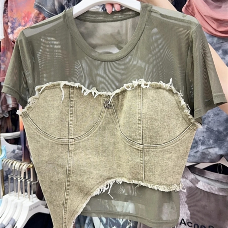 KUSAHIKI Summer Retro Sweet Cool Spicy Girl Short Denim Mesh Patchwork Top Bottom Shirt Womens Short Sleeved T-shirt 260509BJ
