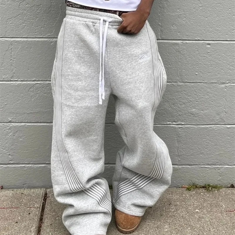 Gothic Y2K Striped Pants for Men Embroidered Gray Casual Pants High Waisted Wide Leg Sweatpants Retro Loose Fit Casual Pants 260430BJ