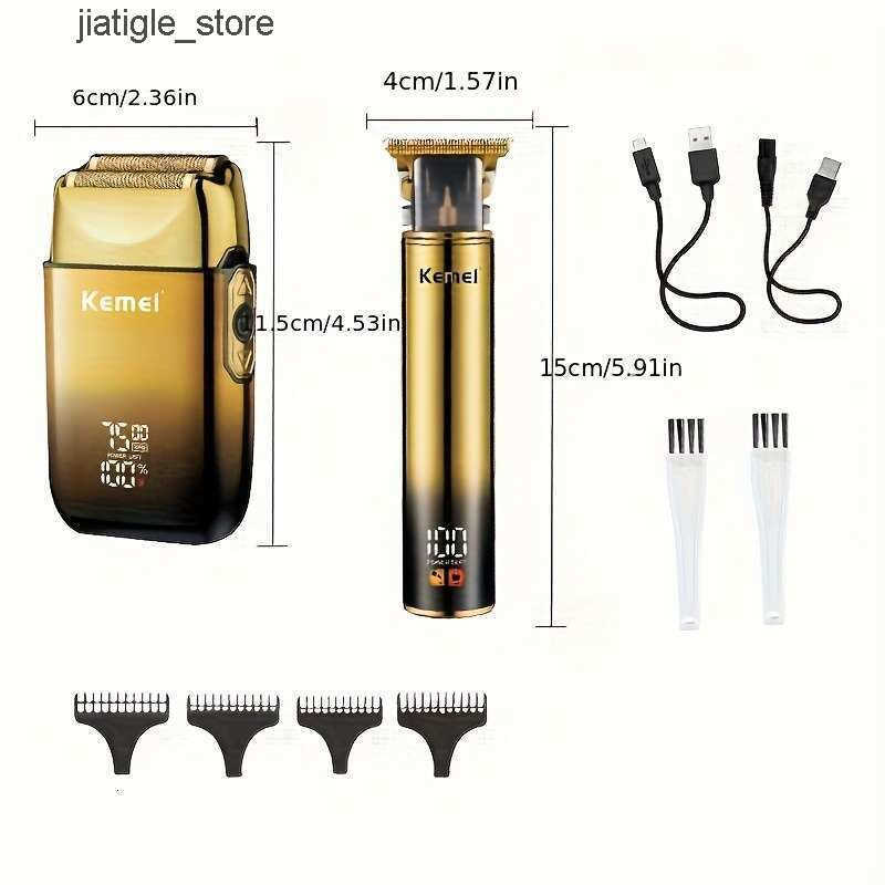 Tx10 + Set In Combination Golden Color USB Rechargeable Reciprocating KEMEI Men's Essential Professional Carved Electric Shaver Hair Clipper Gi