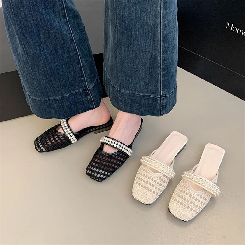 Summer Breathable Mule French Woven Square Toe Flat Hollow Out Slip On Sandals 260724BJ